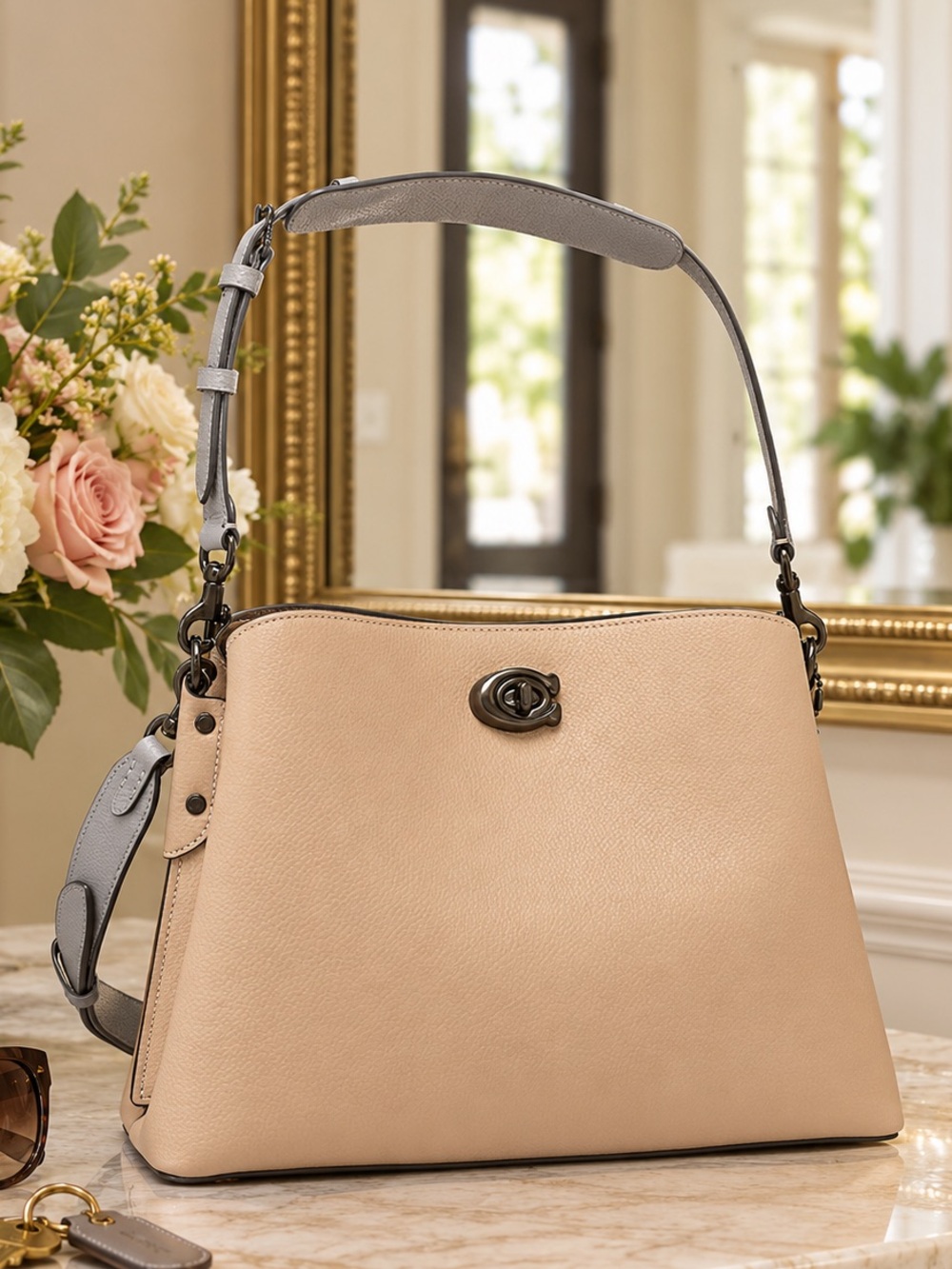 COACH Willow Colorblock Leather Shoulder Crossbody Bag Taupe Gray Purse 2 Straps
